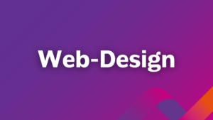 Textgrafik: "Web-Design". Die Schriftfarbe ist weiß auf lila Grund. In der rechten unteren Ecke befindet sich ein geschwungenes grafisches Element.