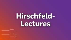 Textgrafik: "Hirschfeld-Lectures". Die Schriftfarbe ist weiß auf lila-orangenem Grund. In der linken unteren Ecke befindet sich das Logo der Hirschfeld-Lectures.