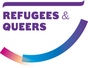 Logo: "Refugees and Queer". Es zeigt zwei mehrfarbige, sich überschneidende Balken.