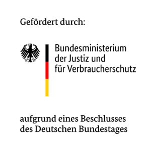 Logo: Bundesministerium der Justiz und für Verbraucherschutz. Text: "Gefördert durch: Bundesministerium der Justiz und für Verbraucherschutz aufgrund eines Beschlusses des Deutschen Bundestages."