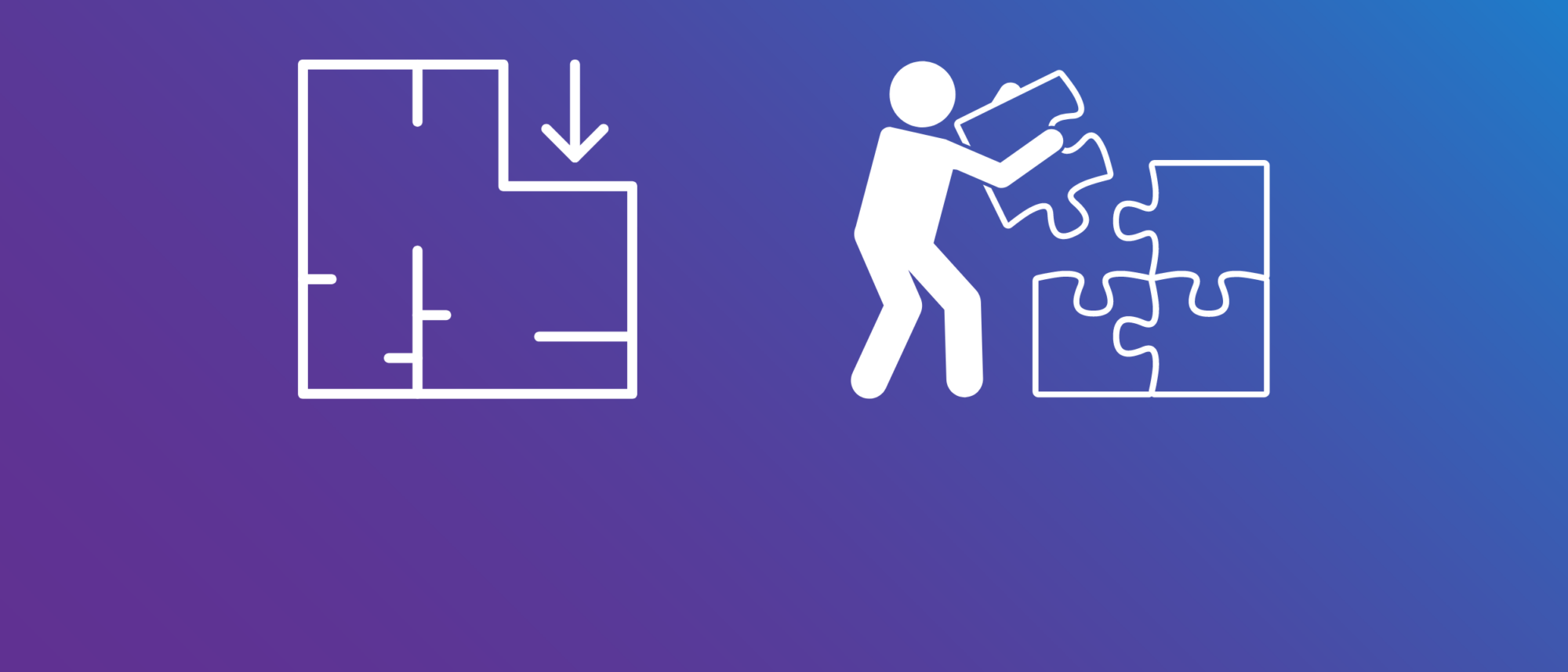 Die Grafik zeigt eine Raumskizze aus der Vogelperspektive. Daneben ist eine menschliche Silouhette, die ein überproportional große Puzzleteil in ein Puzzle einfügt.