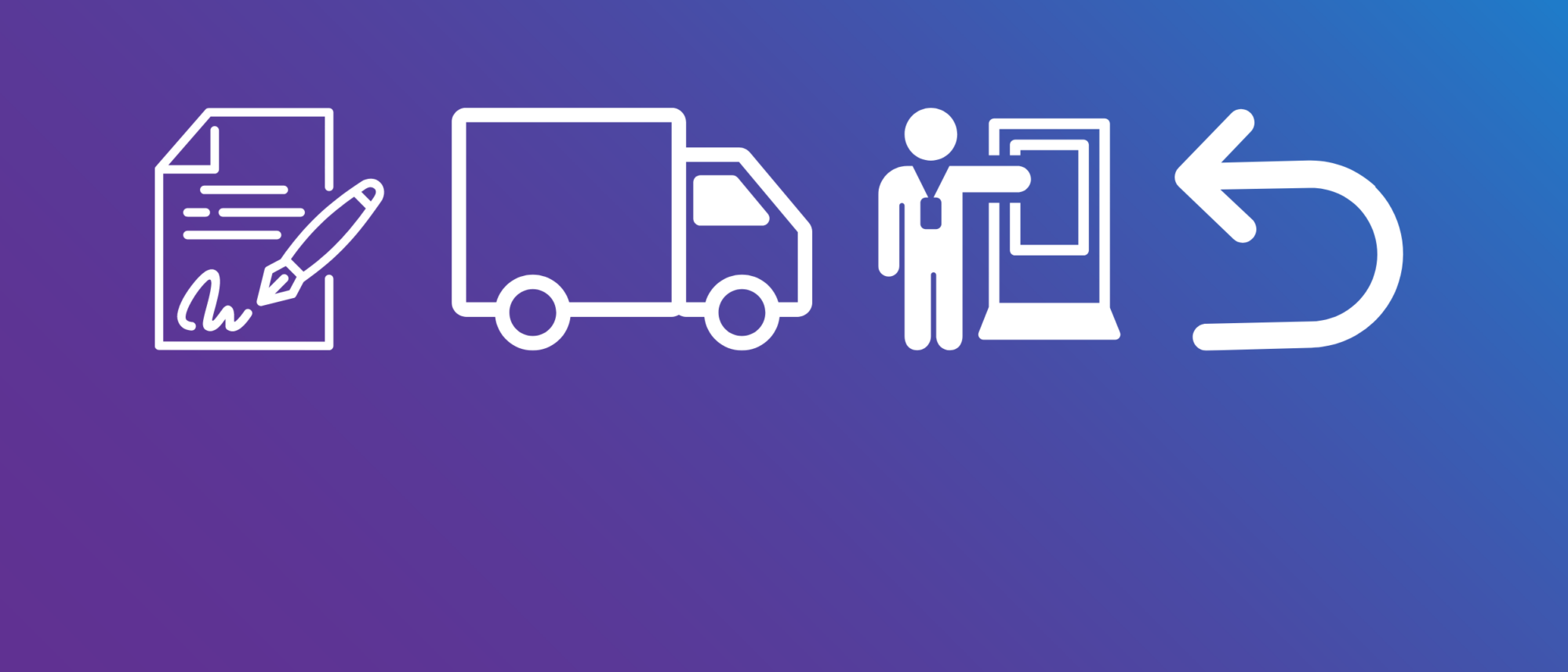 Die Grafik zeigt vier Icons. Von links nach rechts: Vertrags-Icon, Transporter-Icon, Ausstellungs-Icon, Retour-Icon