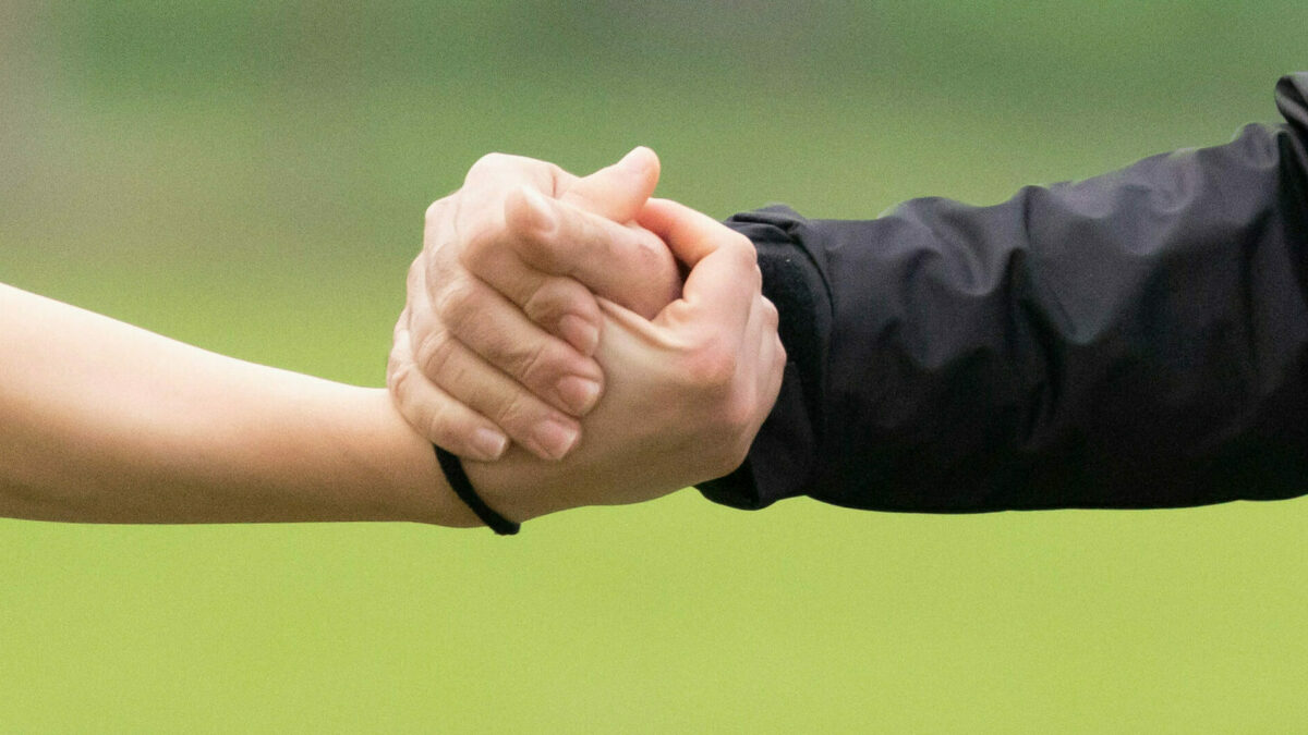 Foto mit Händeschütteln. Der Hintergrund ist grün.