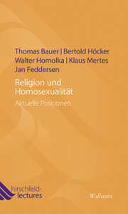 Buchcover: "Religion und Homosexualität" von Thomas Bauer, Bertold Höcker, Walter Homolka und Klaus Mertes. Das Cover zeigt weiße und lila Schriftelemente auf orangenem Grund.
