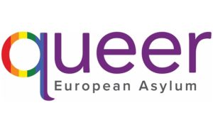 Logo: "Queer European Asylum". Der Buchstabe "Q" im Wort "queer" trägt die Farben der Regenbogenflagge.