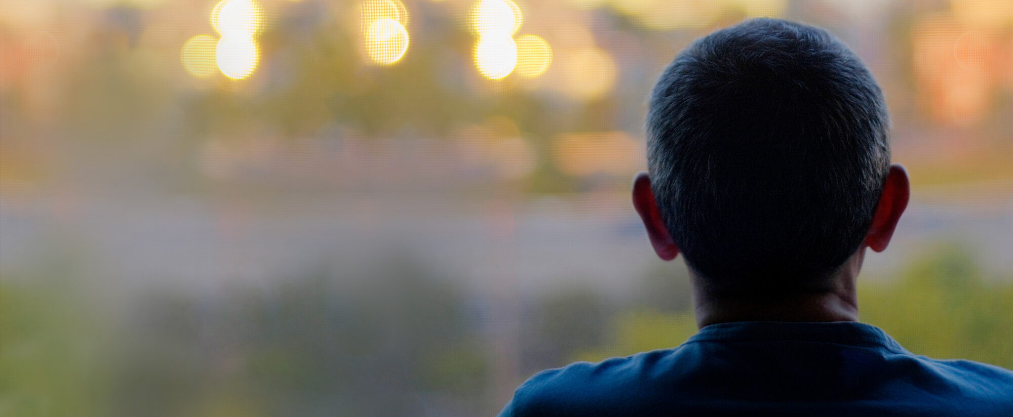 Foto: Im Vordergrund befindet sich der Hinterkopf einer Person mit kurzen dunklen Haaren und einem blauen Oberteil. Der Hintergrund ist eine verschwommene Landschaft mit warmen Lichtreflexen.