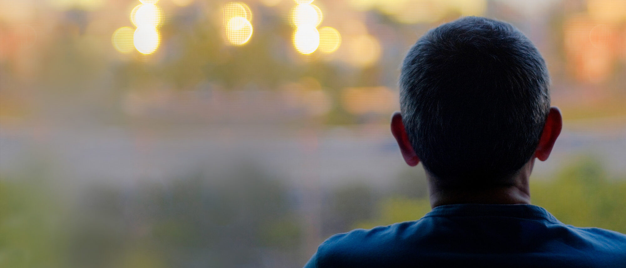 Foto: Im Vordergrund befindet sich der Hinterkopf einer Person mit kurzen dunklen Haaren und einem blauen Oberteil. Der Hintergrund ist eine verschwommene Landschaft mit warmen Lichtreflexen.