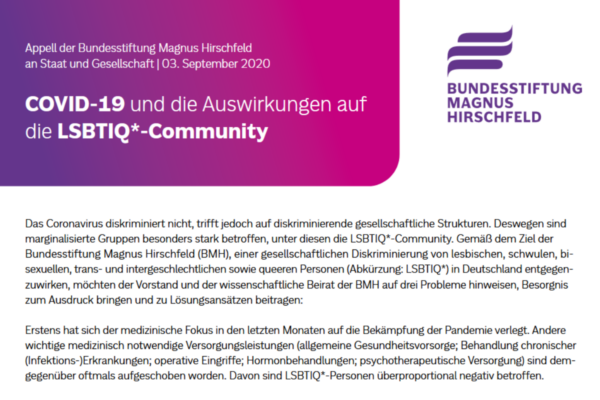 Screenshot des Appells der BMH an Staat und Gesellschaft “Covid-19 und die Auswirkungen auf die LSBTIQ*-Community” vom 3. September 2020.