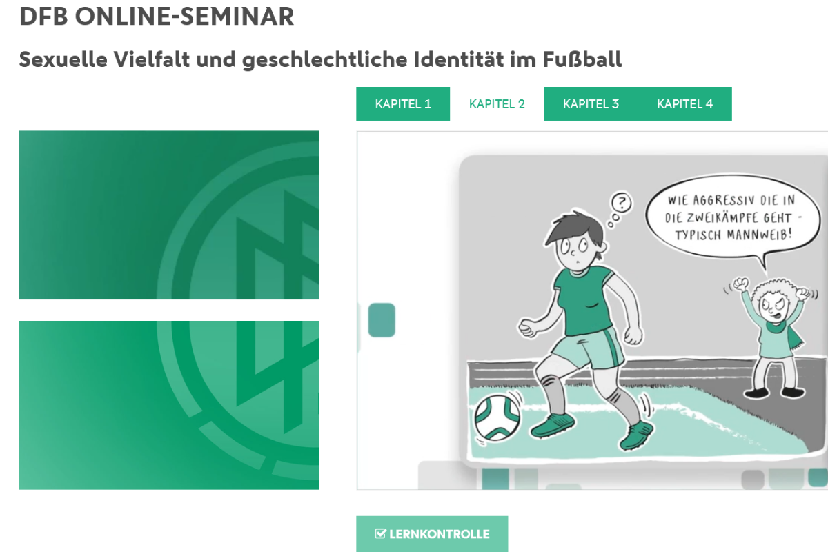 Screenshot der Inhalte des DFB Online-Seminars zu sexueller und geschlechtlicher Vielfalt im Fußball. Zu sehen ist eine Beispielsituation auf dem Fußballfeld.