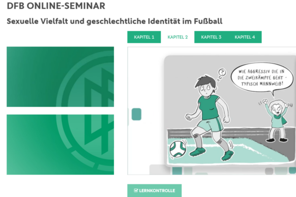 Screenshot der Inhalte des DFB Online-Seminars zu sexueller und geschlechtlicher Vielfalt im Fußball. Zu sehen ist eine Beispielsituation auf dem Fußballfeld.
