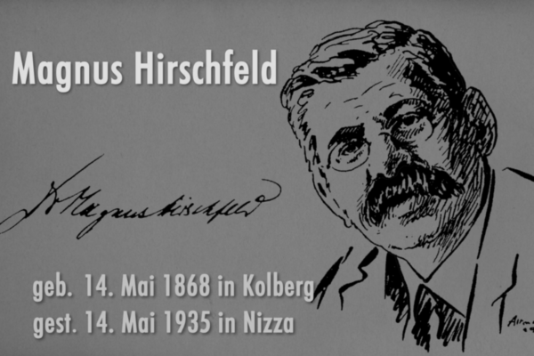 schwarz-weiß Zeichnung von Magnus Hirschfeld, links daneben Geburts- und Todesdatum sowie seine Unterschrift
