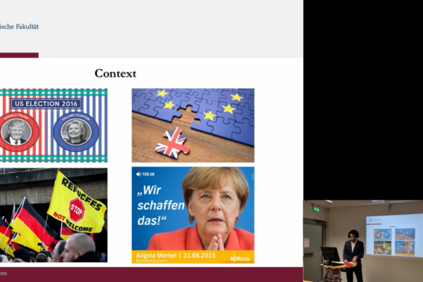 Screenshot des Videos “Vortrag: Defiant Identities - ‘The Other’ under Scrutiny”. Zu sehen ist eine Vortragsfolie sowie rechts Referent Mohammad Dalla.