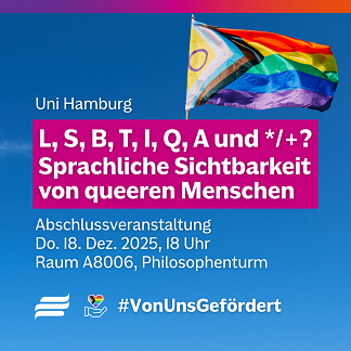 Textgrafik mit Foto-Hintergrund. Text: 'Uni Hamburg. L, S, B, T, I, Q, A und */+? Sprachliche Sichtbarkeit von queeren Menschen. Abschlussveranstaltung. Do. 18. Dez. 2025, 18 Uhr. Raum A8006, Philosophenturm. #VonUnsGefördert.' Das Foto im Hintergrund zeigt einen wolkenlosen, blauen Himmel. Gestaltungselemente: Logo der Bundesstiftung Magnus Hirschfeld. Ein Icon einer nach oben geöffneten Hand die ein Herz in den Farben der Progressive Pride Flagge hält. Foto eine Progressive-Pride-Flagge, die im Wind weht.